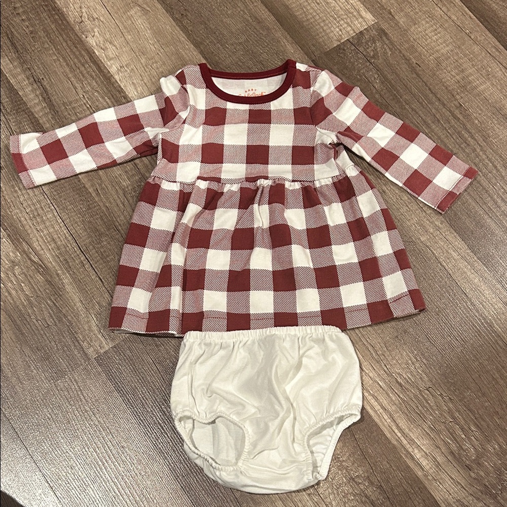 Cat & Jack Plaid Burgundy and White Baby Dress Set Size 3-6 Months